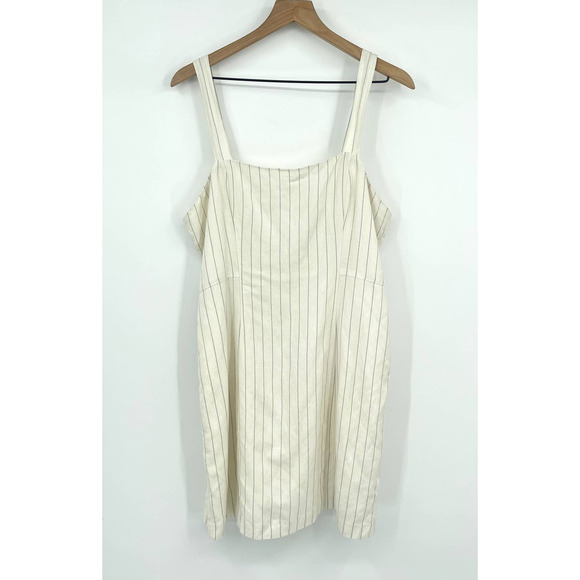 Club Monaco Striped Square Neck Mini Dress Sz 12 Off White Black Linen Blend NEW - Picture 2 of 13